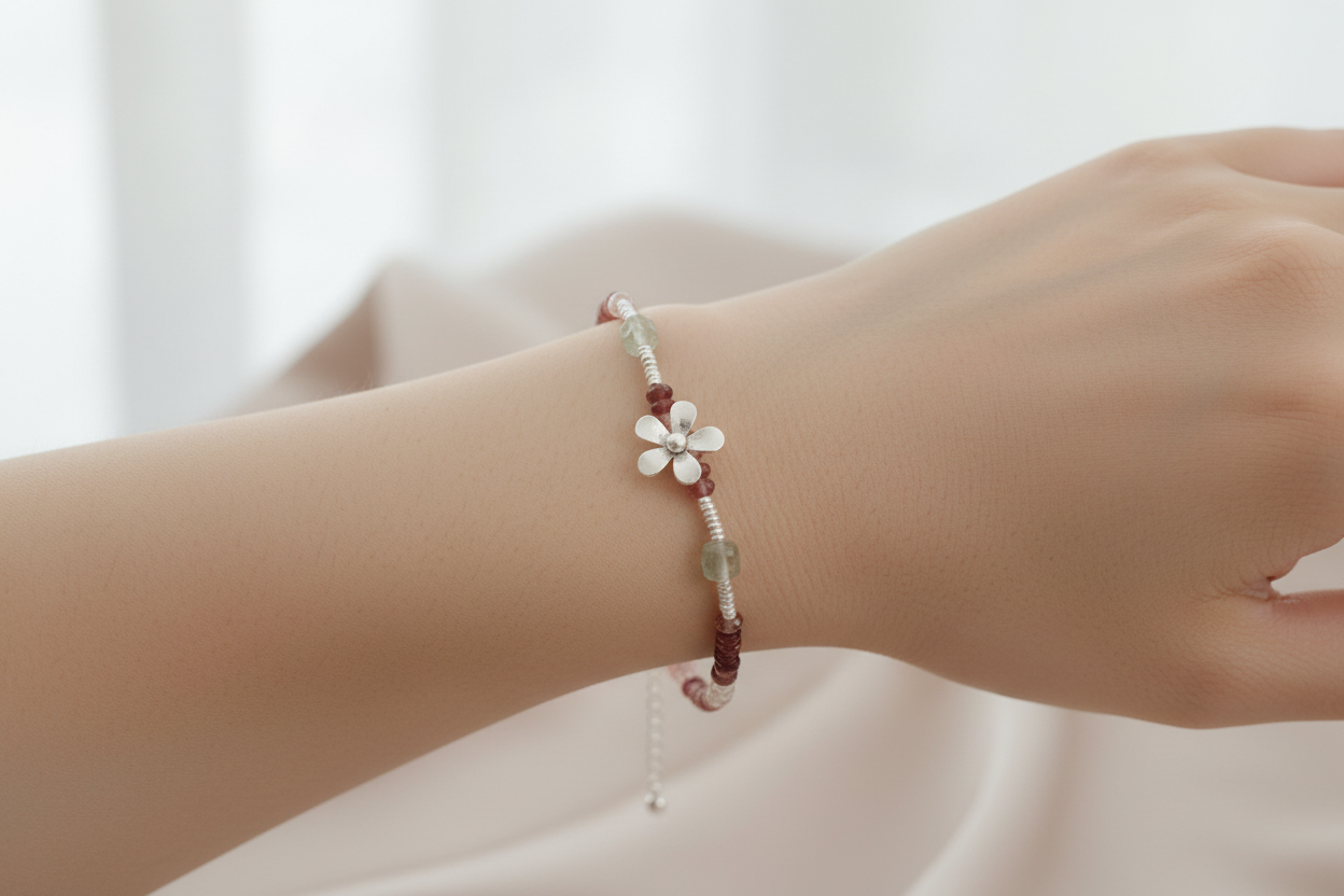 Handmade Gemstone Flower Charm Bracelet – Blue Crystal Moonstone Garnet / Andesine Green Amethyst Silver Bracelet