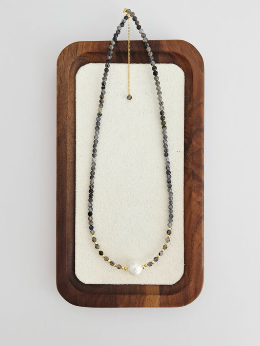 Natural Pearl and Cordierite Necklace with Vintage Gold Finish