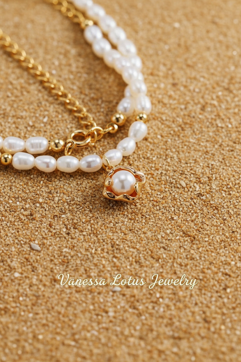 Vintage Gold S925 Sterling Silver Pearl Pendant Necklace & Earrings Set