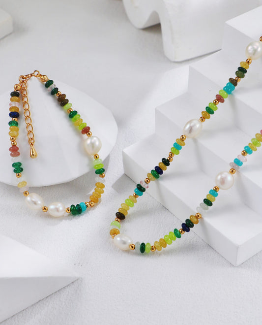 Vintage Rainbow Gemstone & Pearl Necklace & Bracelet - S925 Silver Natural Pearl & Gemstone Jewelry
