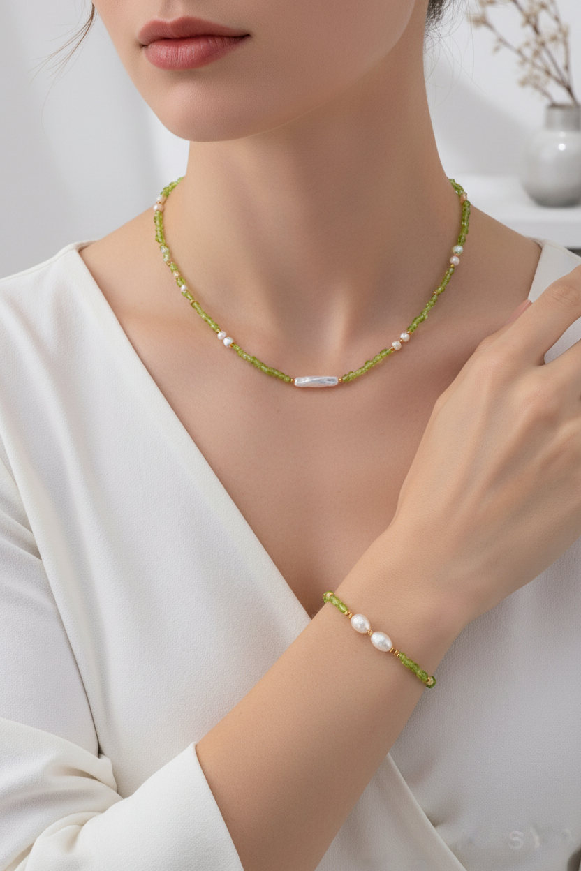 Peridot & Pearl Harmony Set – S925 Sterling Silver Necklace and Bracelet