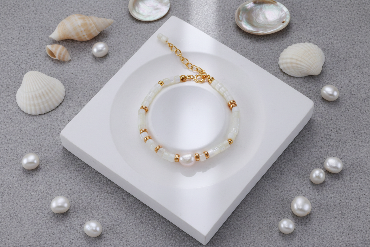 Vintage Gold Mother-of-Pearl & Baroque Pearl Necklace and Bracelet Set – S925 Sterling Silver