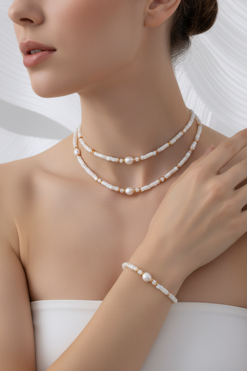 Vintage Gold Mother-of-Pearl & Baroque Pearl Necklace and Bracelet Set – S925 Sterling Silver