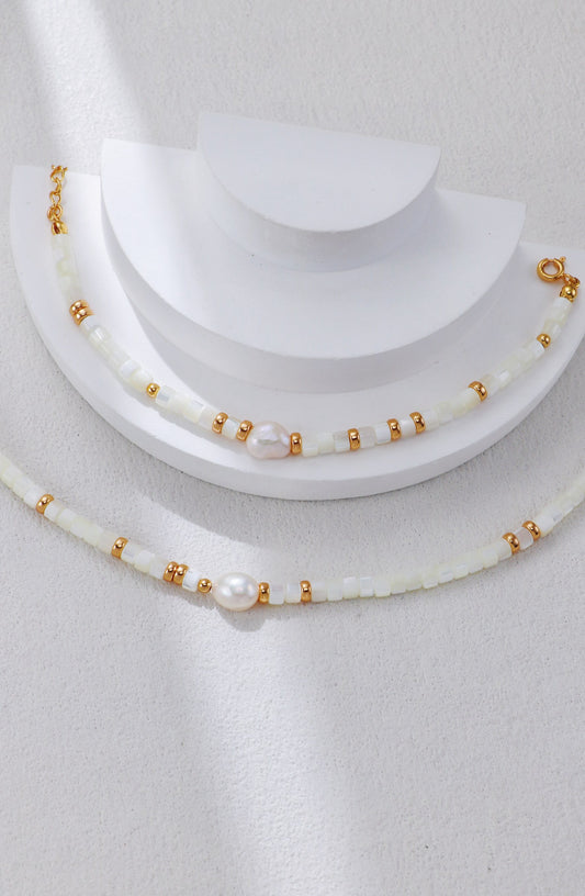 Vintage Gold Mother-of-Pearl & Baroque Pearl Necklace and Bracelet Set – S925 Sterling Silver