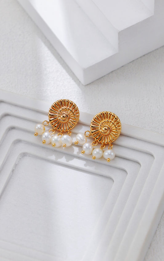 S925 Silver Nautilus & Pearl Earrings | Platinum & Vintage Gold