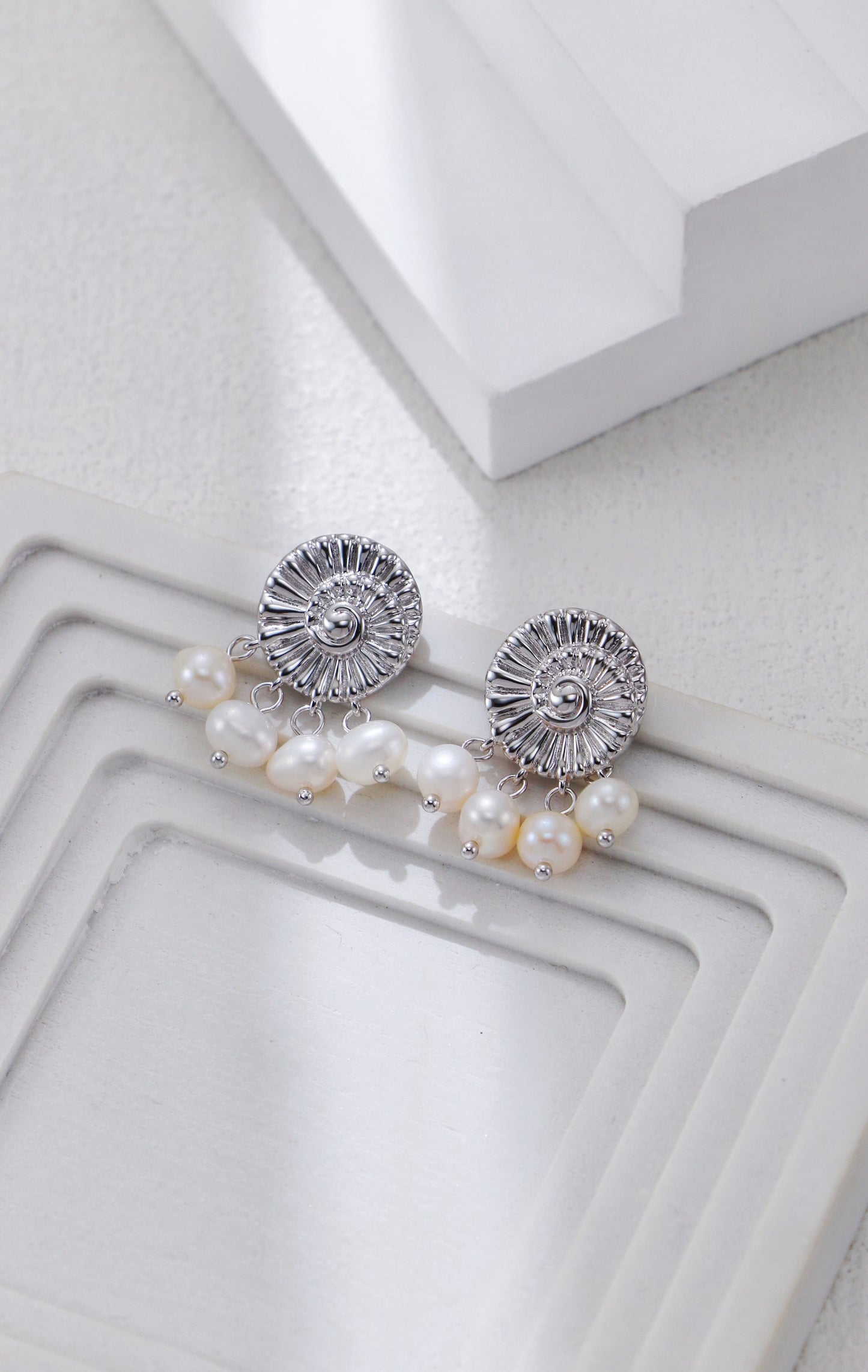 S925 Silver Nautilus & Pearl Earrings | Platinum & Vintage Gold