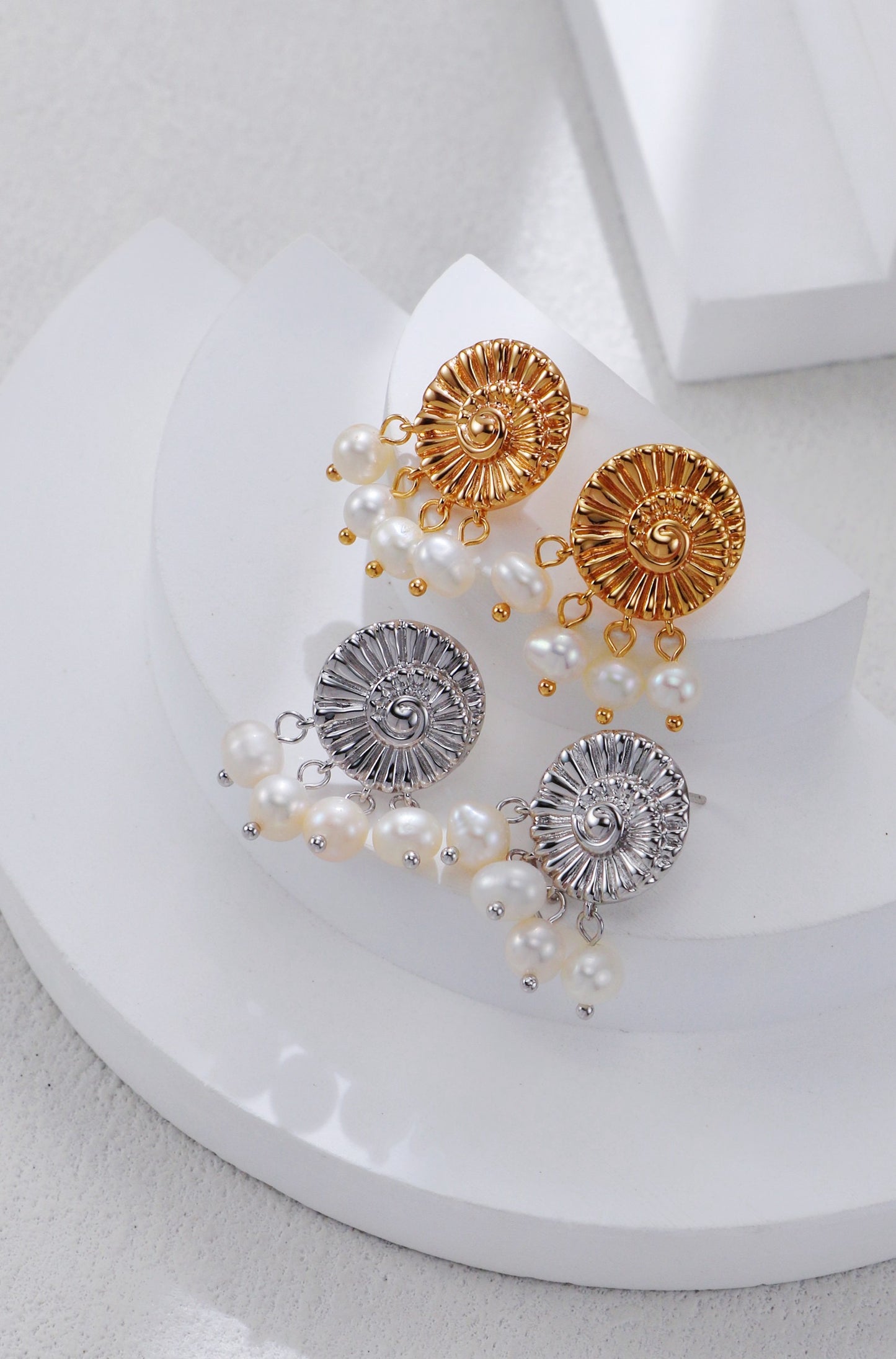 S925 Silver Nautilus & Pearl Earrings | Platinum & Vintage Gold