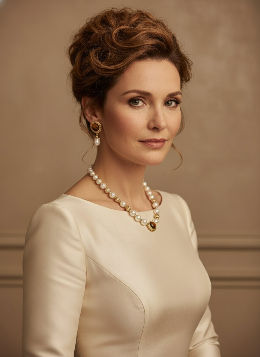 S925 Silver Tiger Eye & Pearl Necklace – Vintage Gold