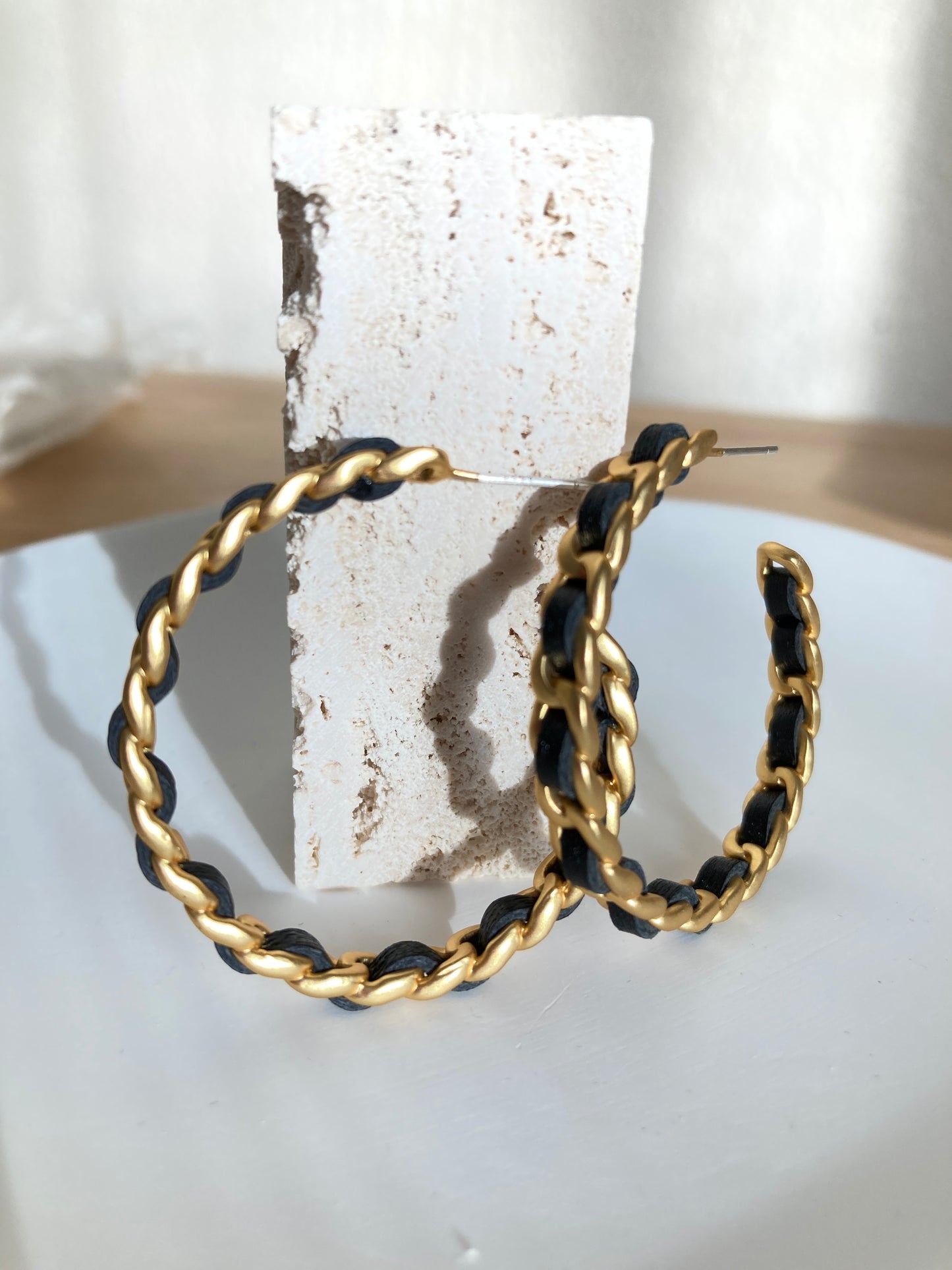 C hoop earrings with black ribbon