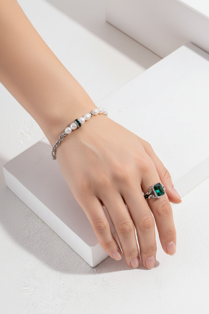 Natural Pearl & Enamel Charm Bracelet – S925 Sterling Silver Gold Plated Adjustable Bracelet