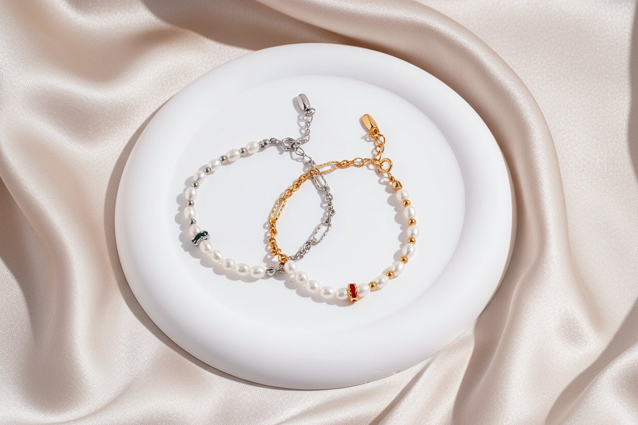 Natural Pearl & Enamel Charm Bracelet – S925 Sterling Silver Gold Plated Adjustable Bracelet