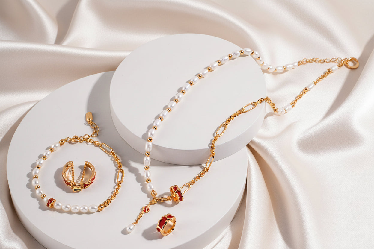 Natural Pearl & Enamel Charm Bracelet – S925 Sterling Silver Gold Plated Adjustable Bracelet