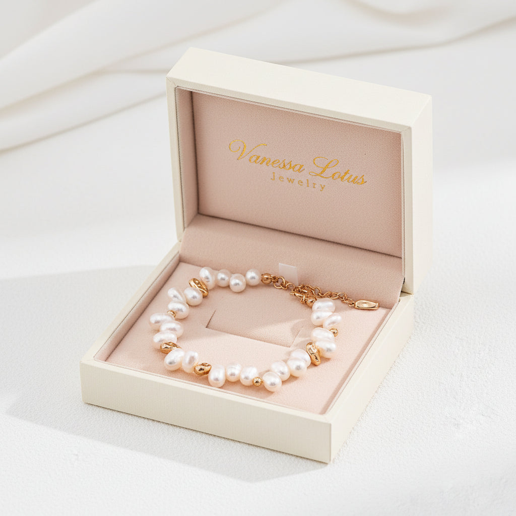 Vintage Gold Freshwater Pearl Bracelet – 925 Sterling Silver | Matching Necklace Set