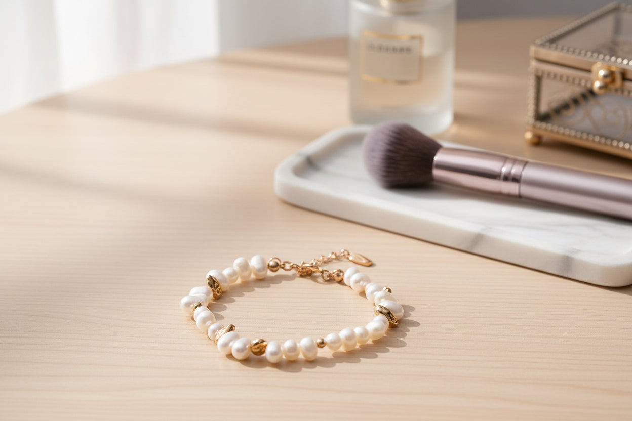 Vintage Gold Freshwater Pearl Bracelet – 925 Sterling Silver | Matching Necklace Set