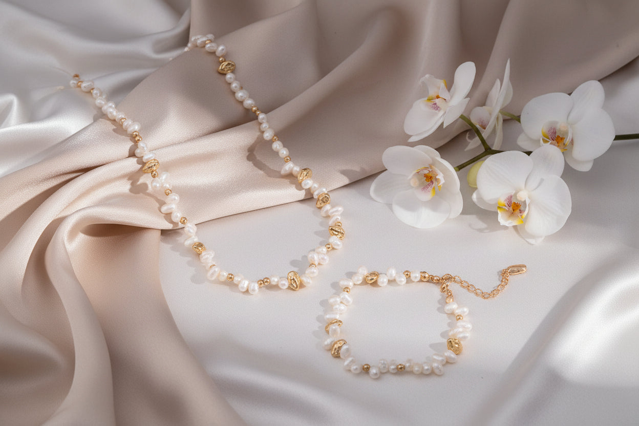 Vintage Gold Freshwater Pearl Bracelet – 925 Sterling Silver | Matching Necklace Set