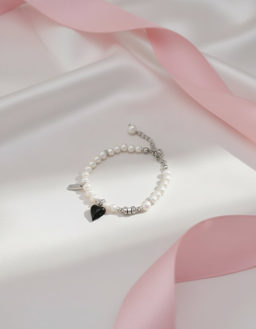 Black Enamel Heart Freshwater Pearl Jewelry Set – S925 Silver
