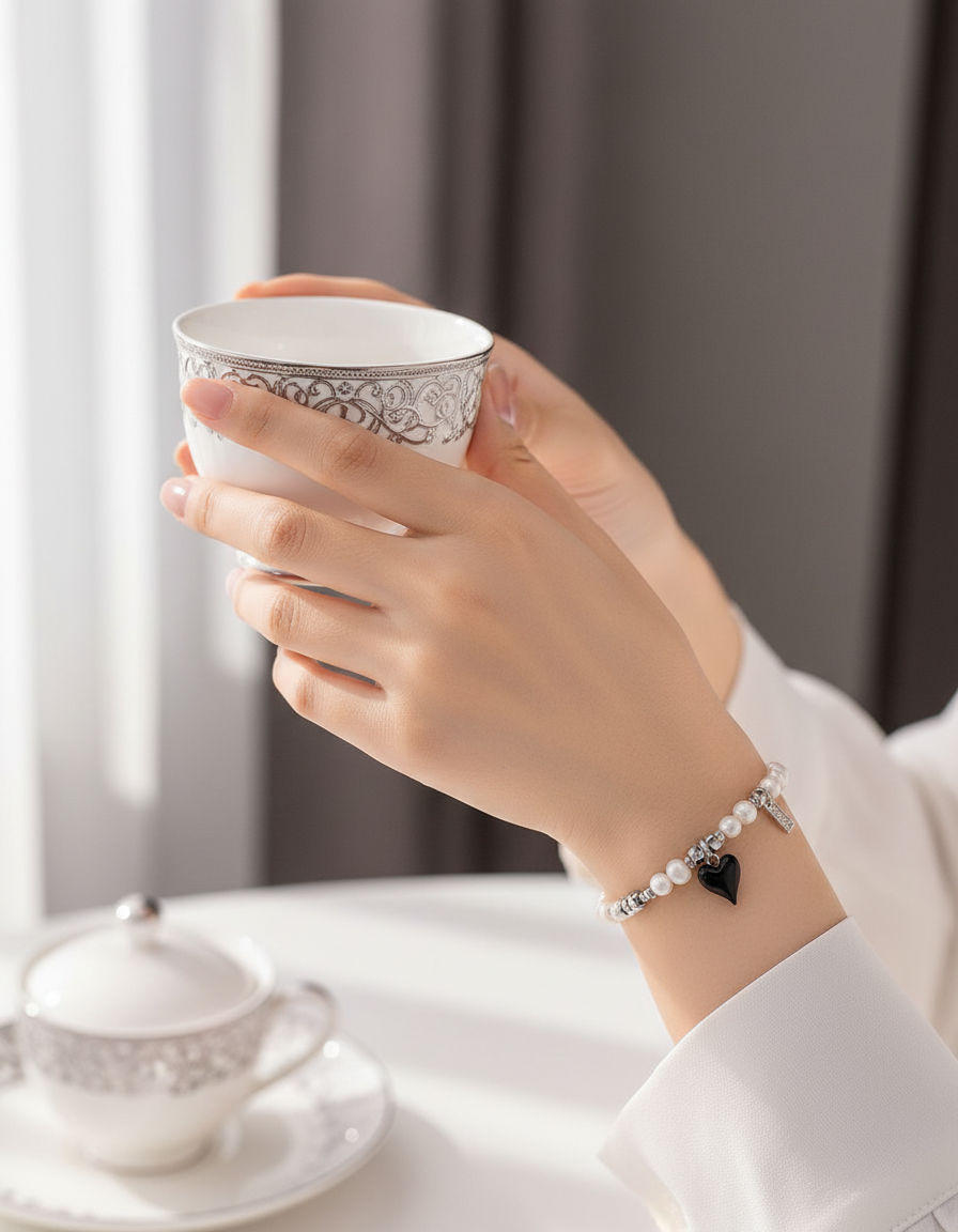 Black Enamel Heart Freshwater Pearl Jewelry Set – S925 Silver