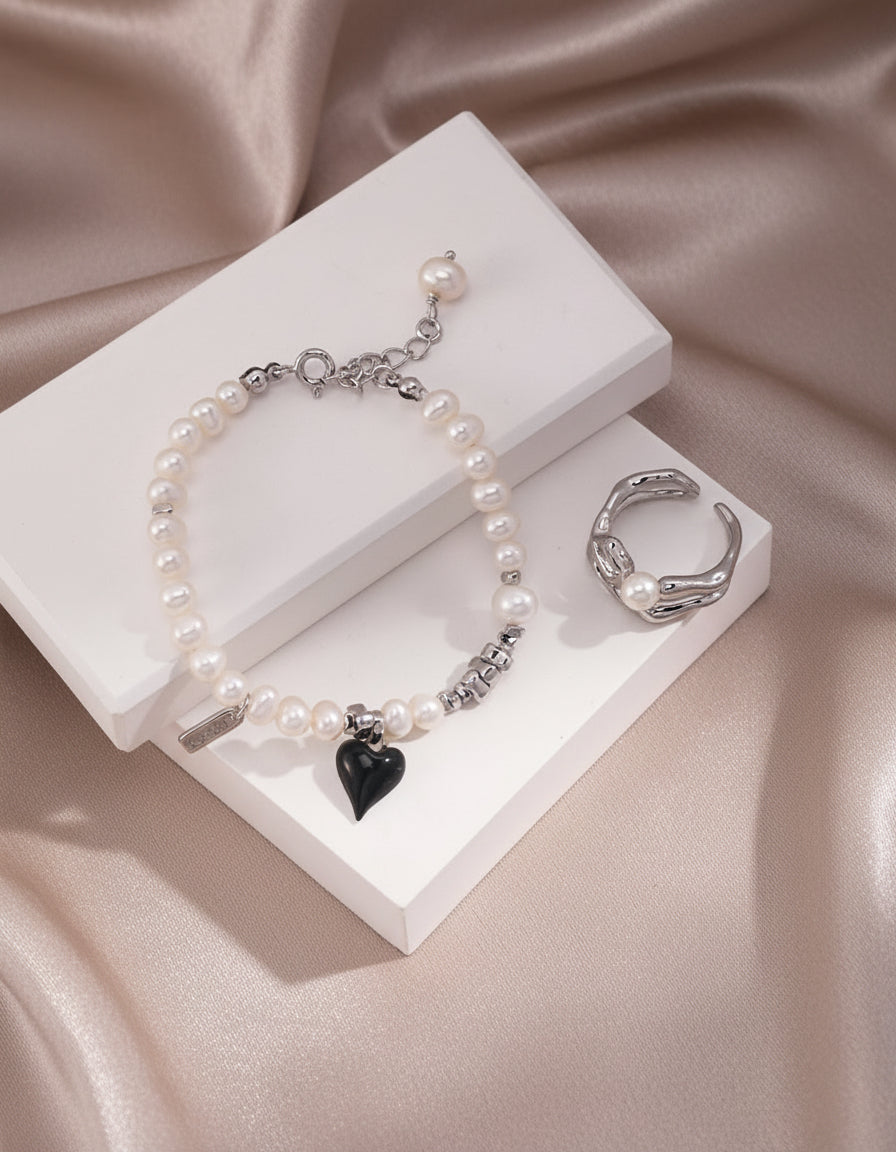 Black Enamel Heart Freshwater Pearl Jewelry Set – S925 Silver