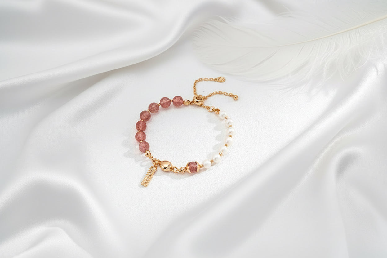 Natural Pearl & Strawberry Quartz/Moss Agate Beaded Bracelet | 925 Sterling Silver