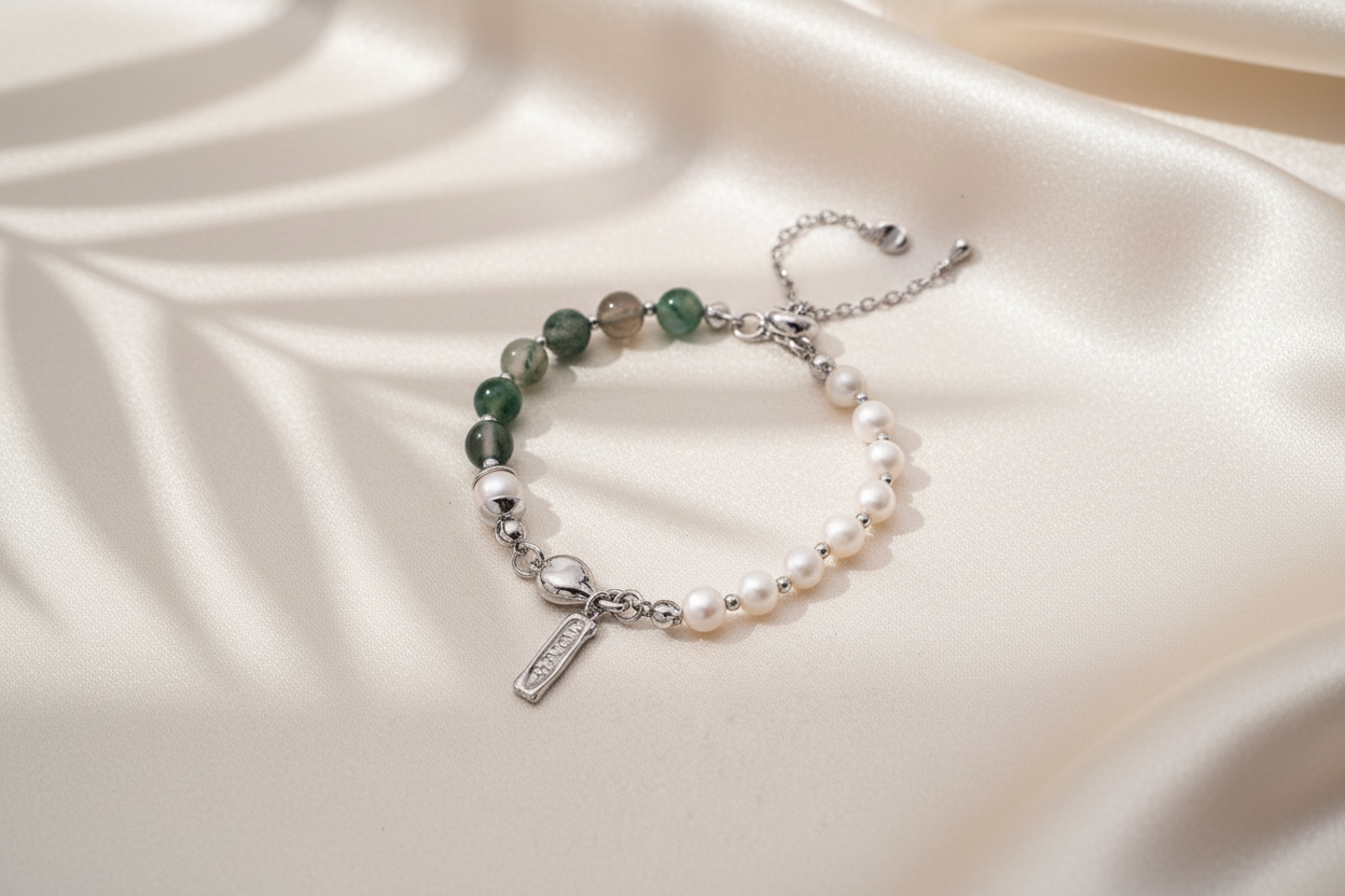 Natural Pearl & Strawberry Quartz/Moss Agate Beaded Bracelet | 925 Sterling Silver