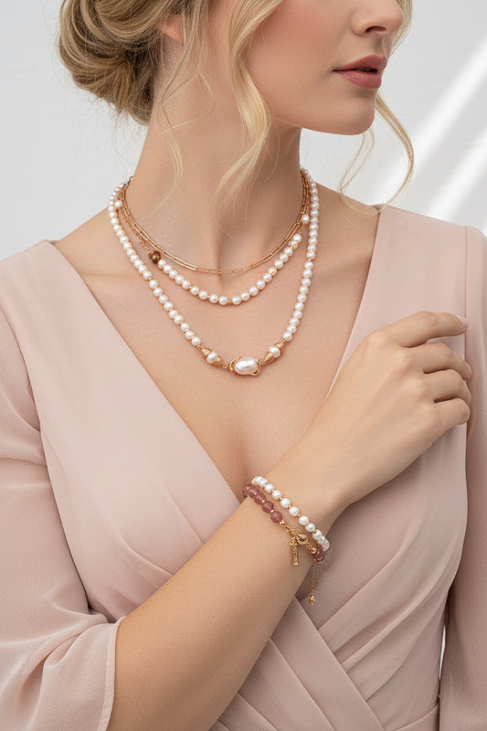 Natural Pearl & Strawberry Quartz/Moss Agate Beaded Bracelet | 925 Sterling Silver