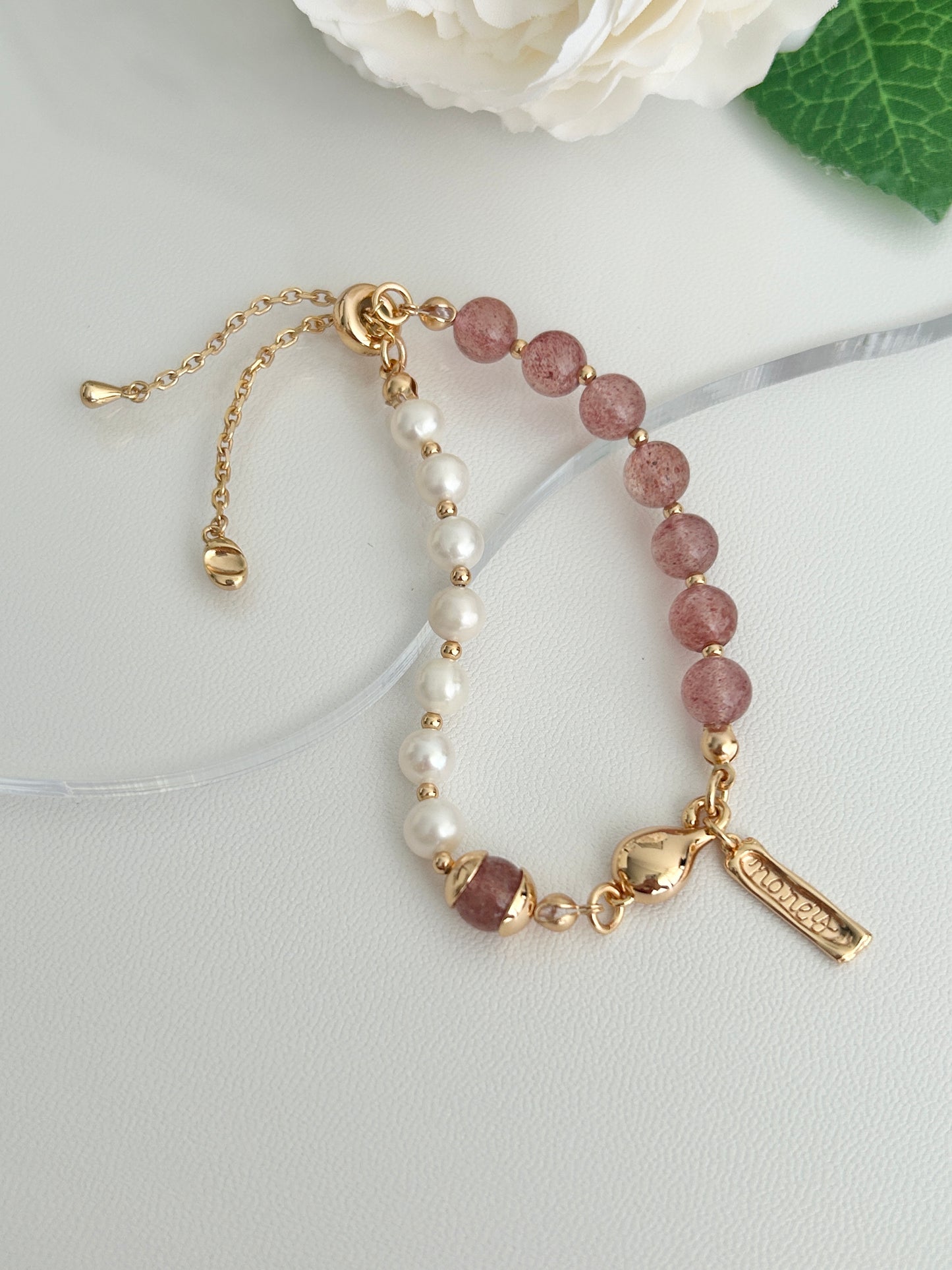 Natural Pearl & Strawberry Quartz/Moss Agate Beaded Bracelet | 925 Sterling Silver