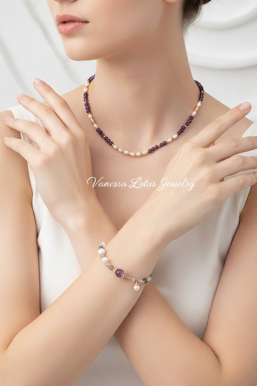 Amethyst Natural Pearl & Crystal Bracelet