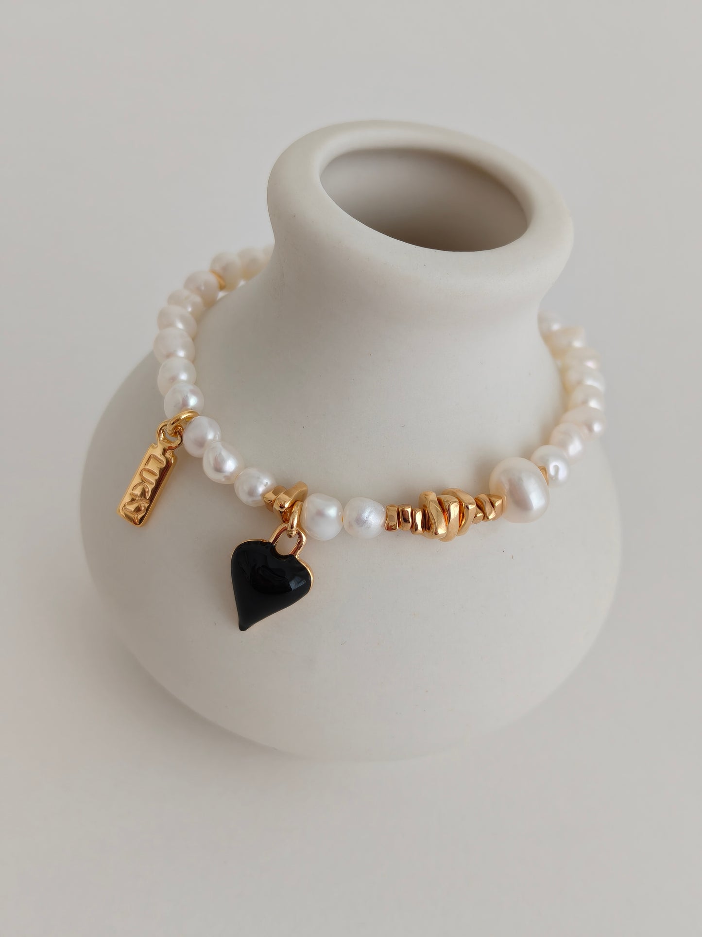 Black Enamel Heart Freshwater Pearl Jewelry Set – S925 Silver