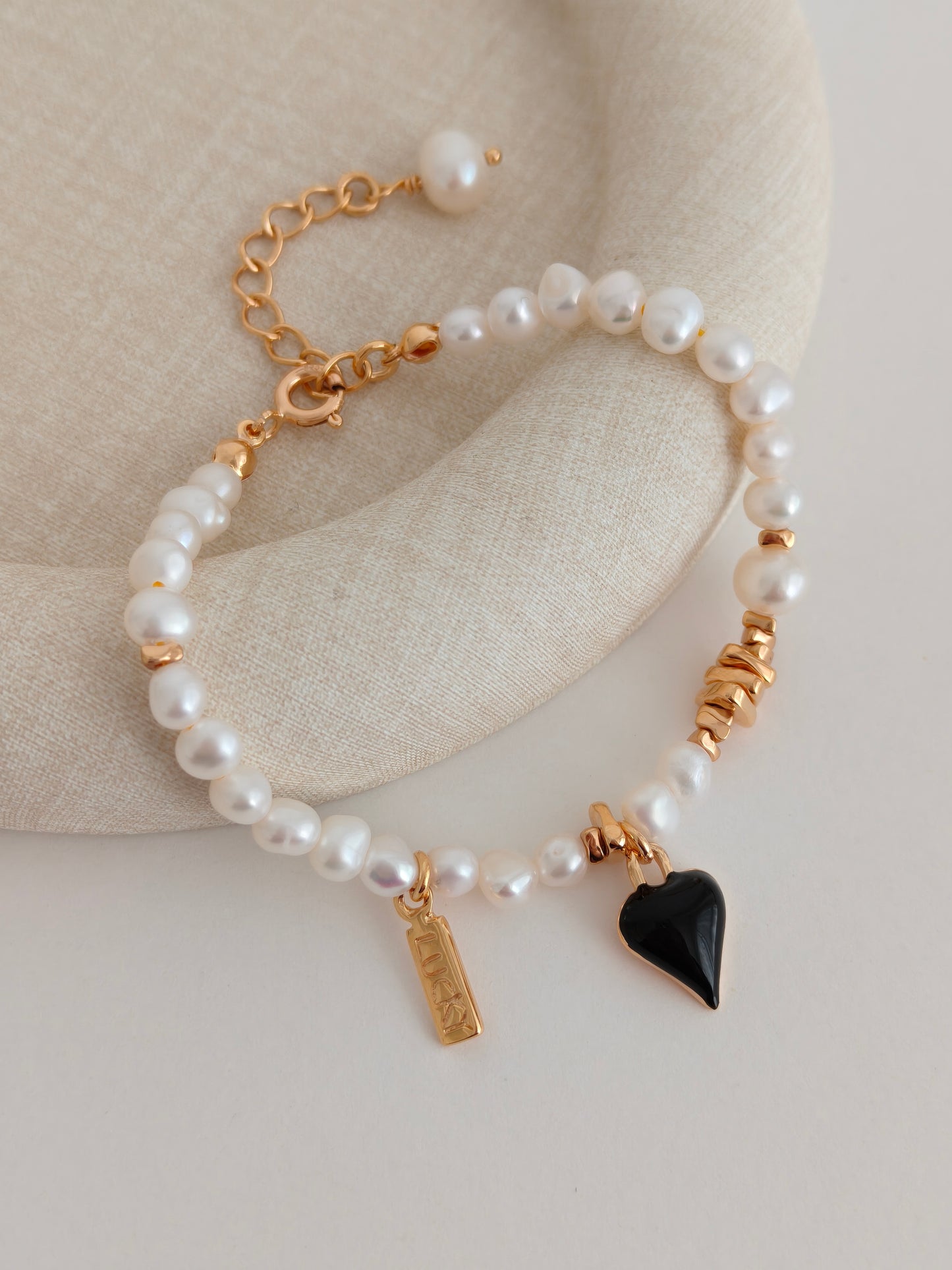 Black Enamel Heart Freshwater Pearl Jewelry Set – S925 Silver