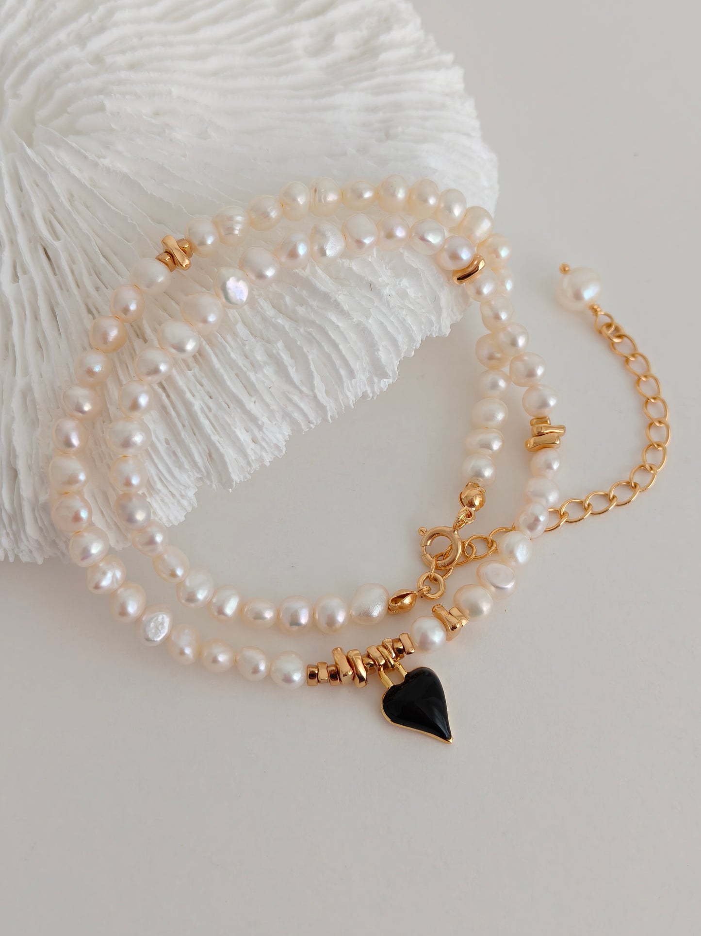 Black Enamel Heart Freshwater Pearl Jewelry Set – S925 Silver