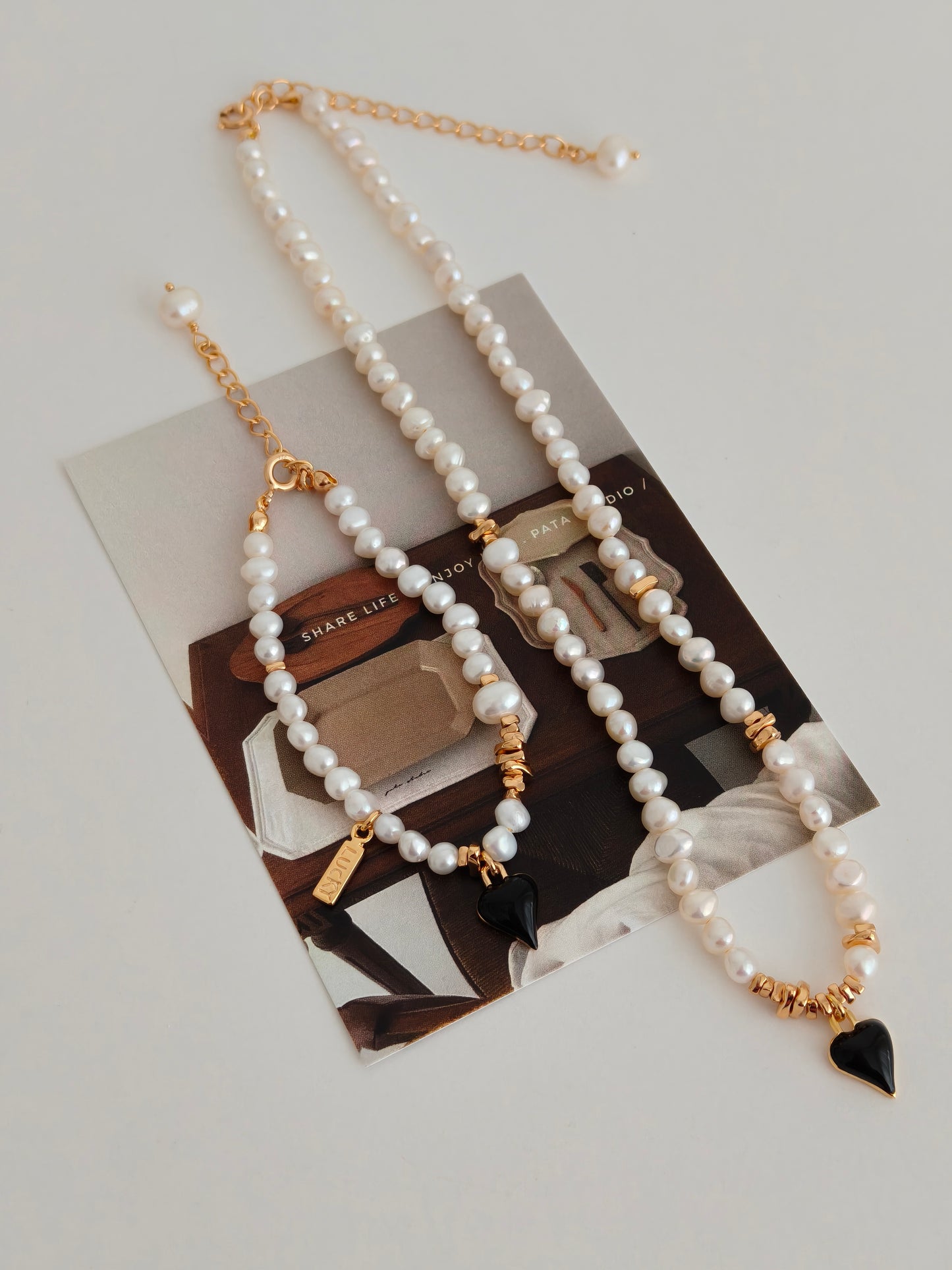 Black Enamel Heart Freshwater Pearl Jewelry Set – S925 Silver