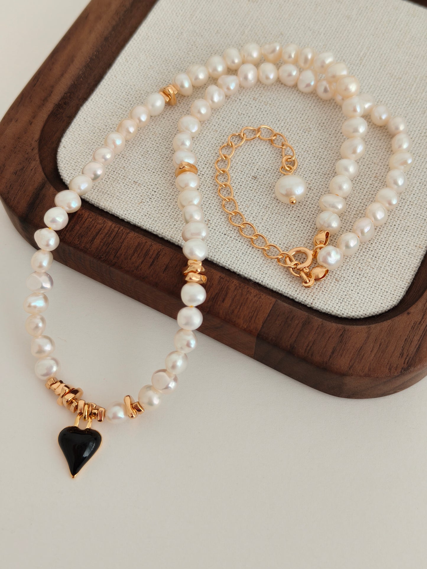 Black Enamel Heart Freshwater Pearl Jewelry Set – S925 Silver