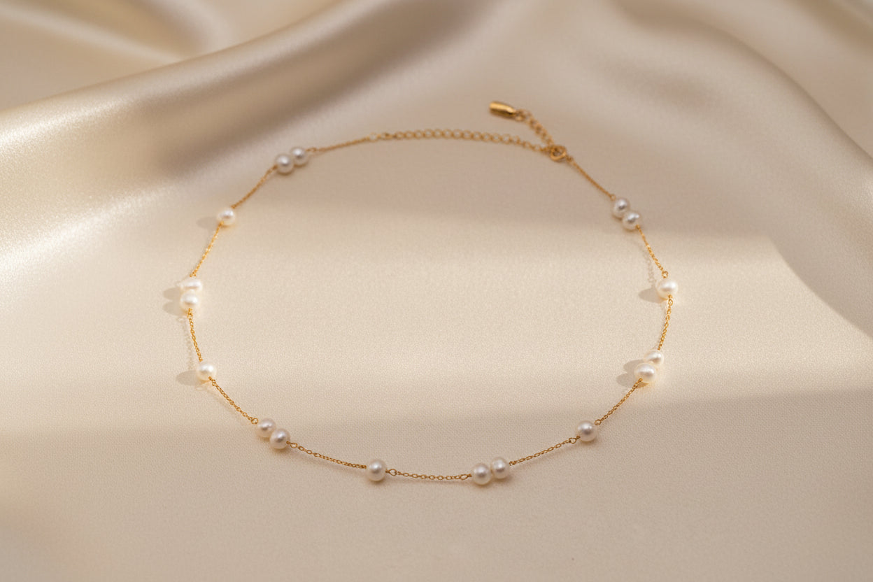 Natural Pearl Jewelry Set – S925 Sterling Silver Station Necklace & Bracelet Matching Set Vintage Gold or Platinum