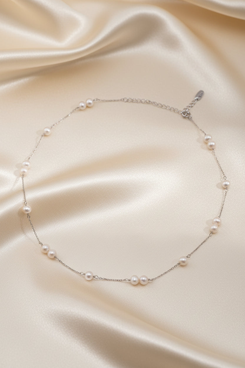 Natural Pearl Jewelry Set – S925 Sterling Silver Station Necklace & Bracelet Matching Set Vintage Gold or Platinum