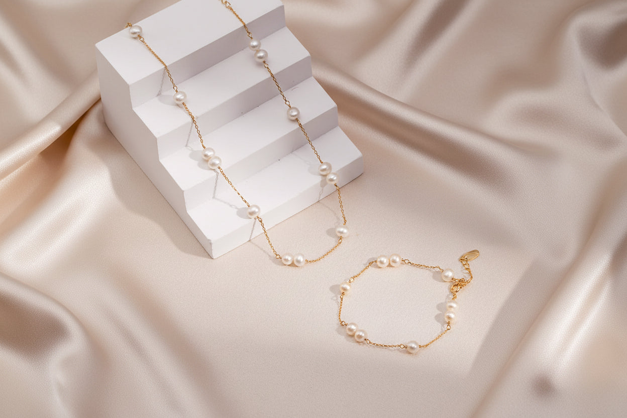 Natural Pearl Jewelry Set – S925 Sterling Silver Station Necklace & Bracelet Matching Set Vintage Gold or Platinum