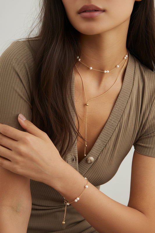 Natural Pearl Jewelry Set – S925 Sterling Silver Station Necklace & Bracelet Matching Set Vintage Gold or Platinum