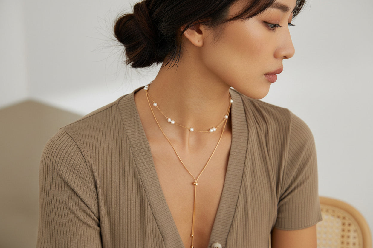 Natural Pearl Jewelry Set – S925 Sterling Silver Station Necklace & Bracelet Matching Set Vintage Gold or Platinum