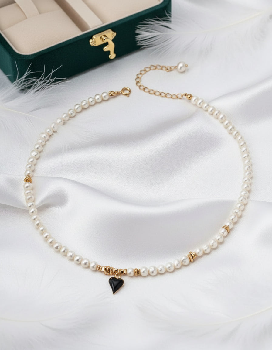 Black Enamel Heart Freshwater Pearl Jewelry Set – S925 Silver