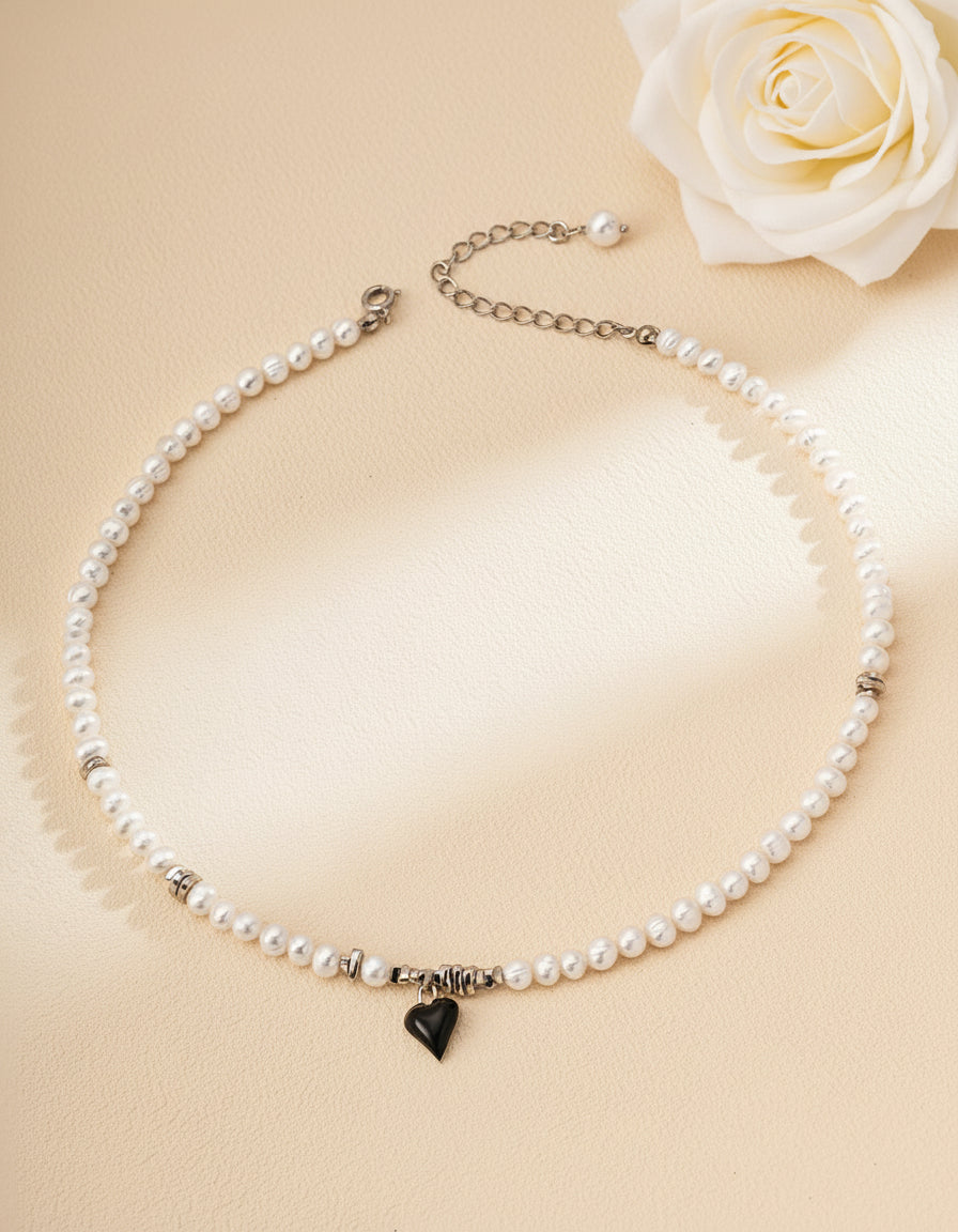 Black Enamel Heart Freshwater Pearl Jewelry Set – S925 Silver