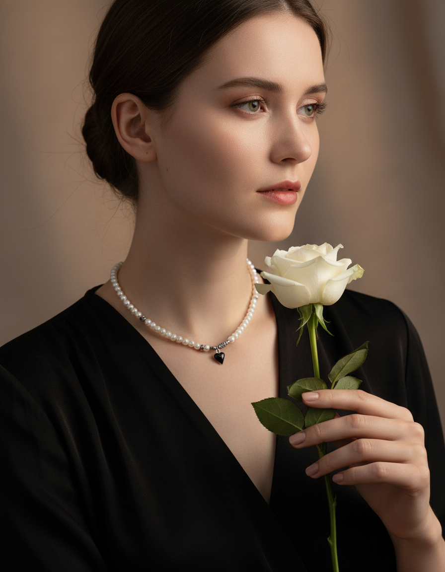 Black Enamel Heart Freshwater Pearl Jewelry Set – S925 Silver