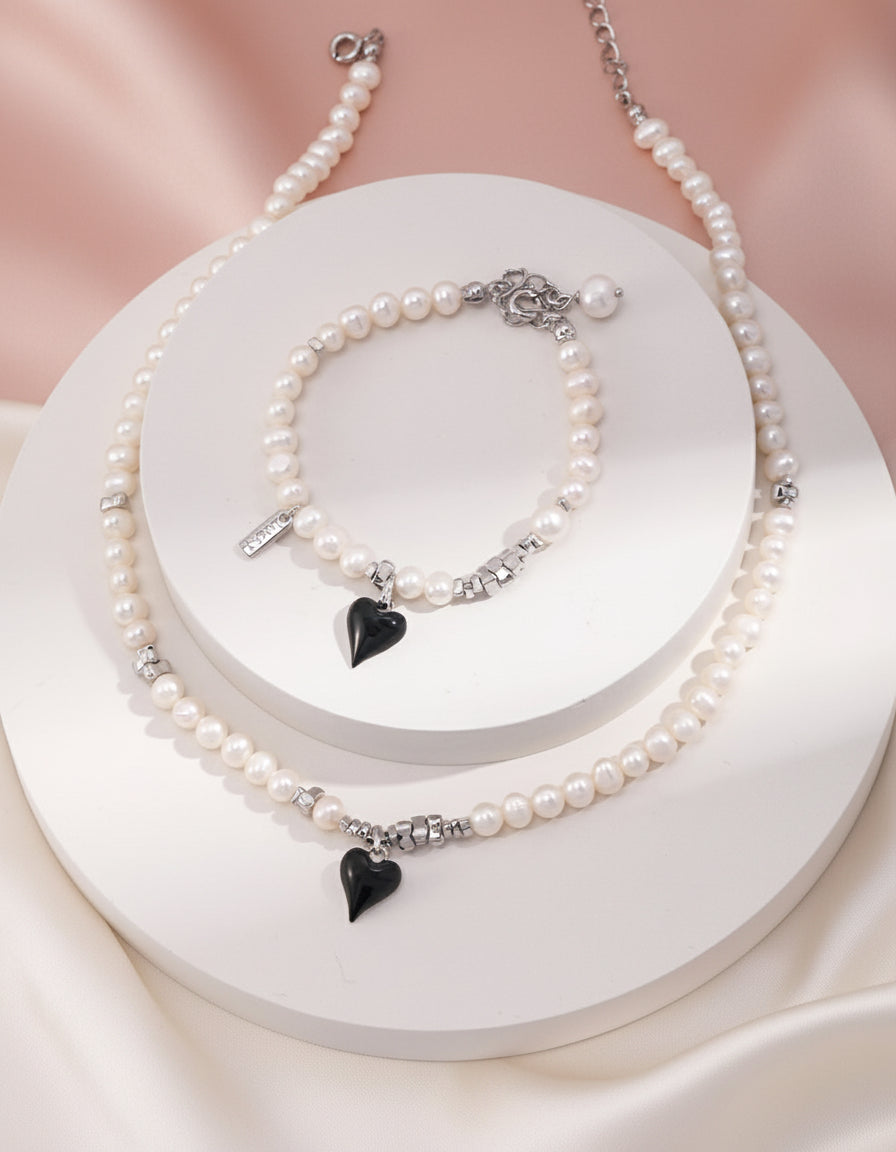 Black Enamel Heart Freshwater Pearl Jewelry Set – S925 Silver