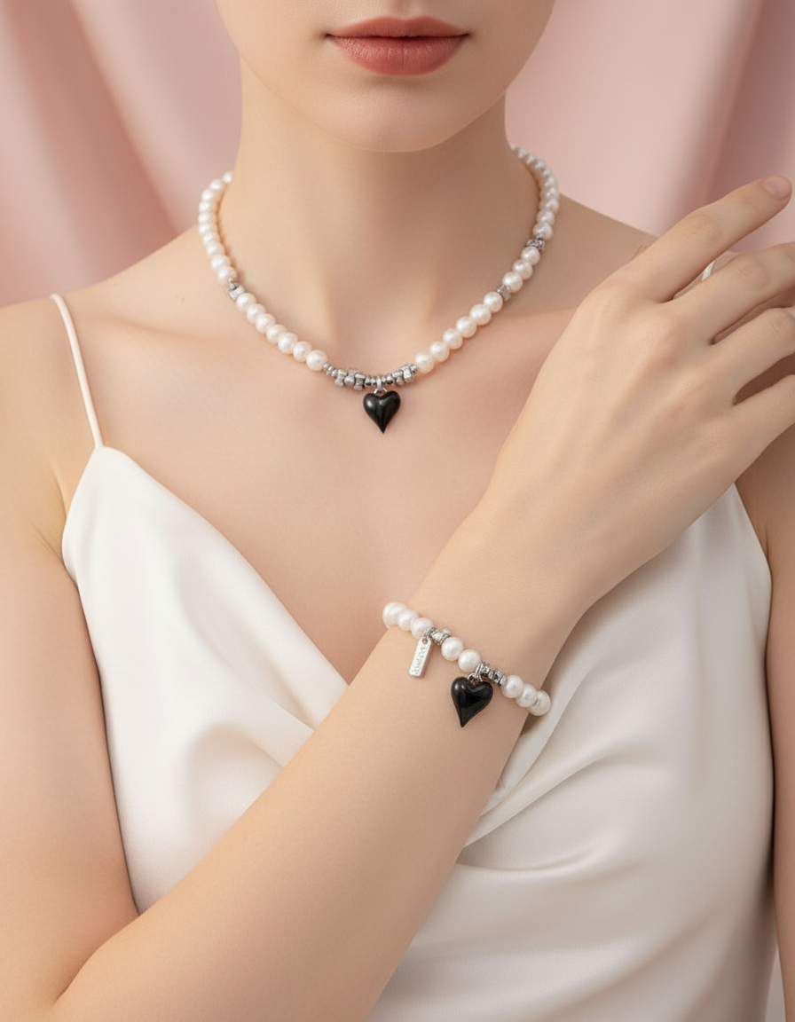 Black Enamel Heart Freshwater Pearl Jewelry Set – S925 Silver