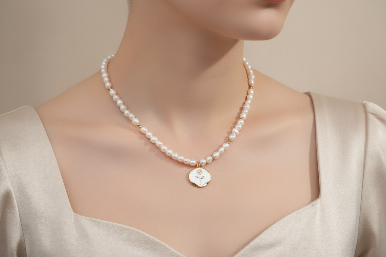 S925 Sterling Silver Natural Pearl Rose Pendant Necklace
