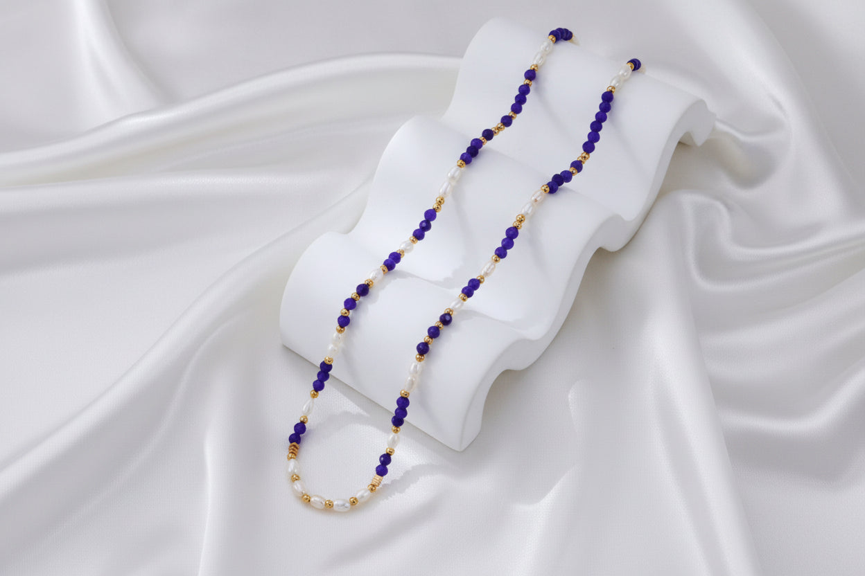 Vintage Gold S925 Sterling Silver Pearl & Purple Amethyst Beaded Necklace