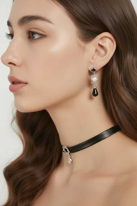 S925 Silver Pearl & Onyx Earrings with Velvet Choker Set