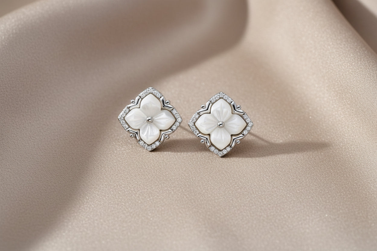 Mother-of-Pearl Flower Stud Earrings in S925 Sterling Silver