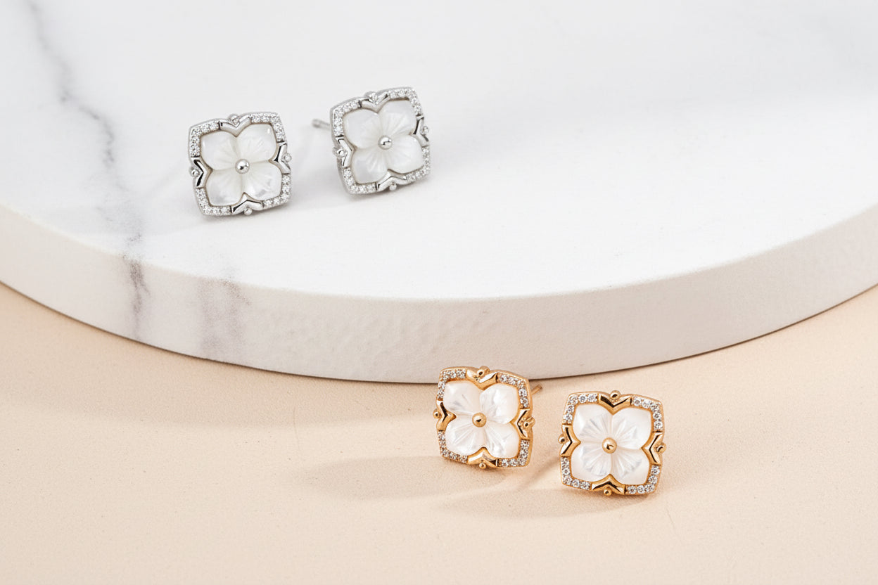 Mother-of-Pearl Flower Stud Earrings in S925 Sterling Silver