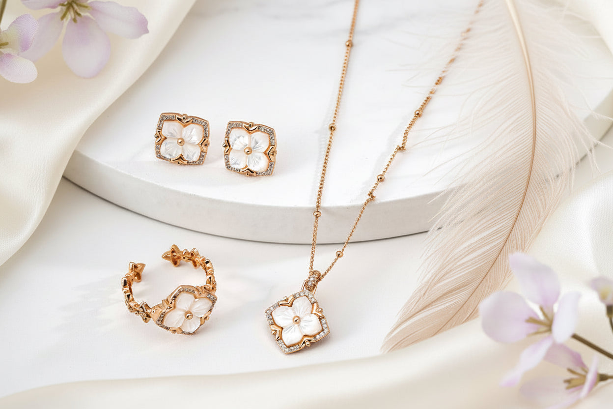 Mother-of-Pearl Flower Stud Earrings in S925 Sterling Silver