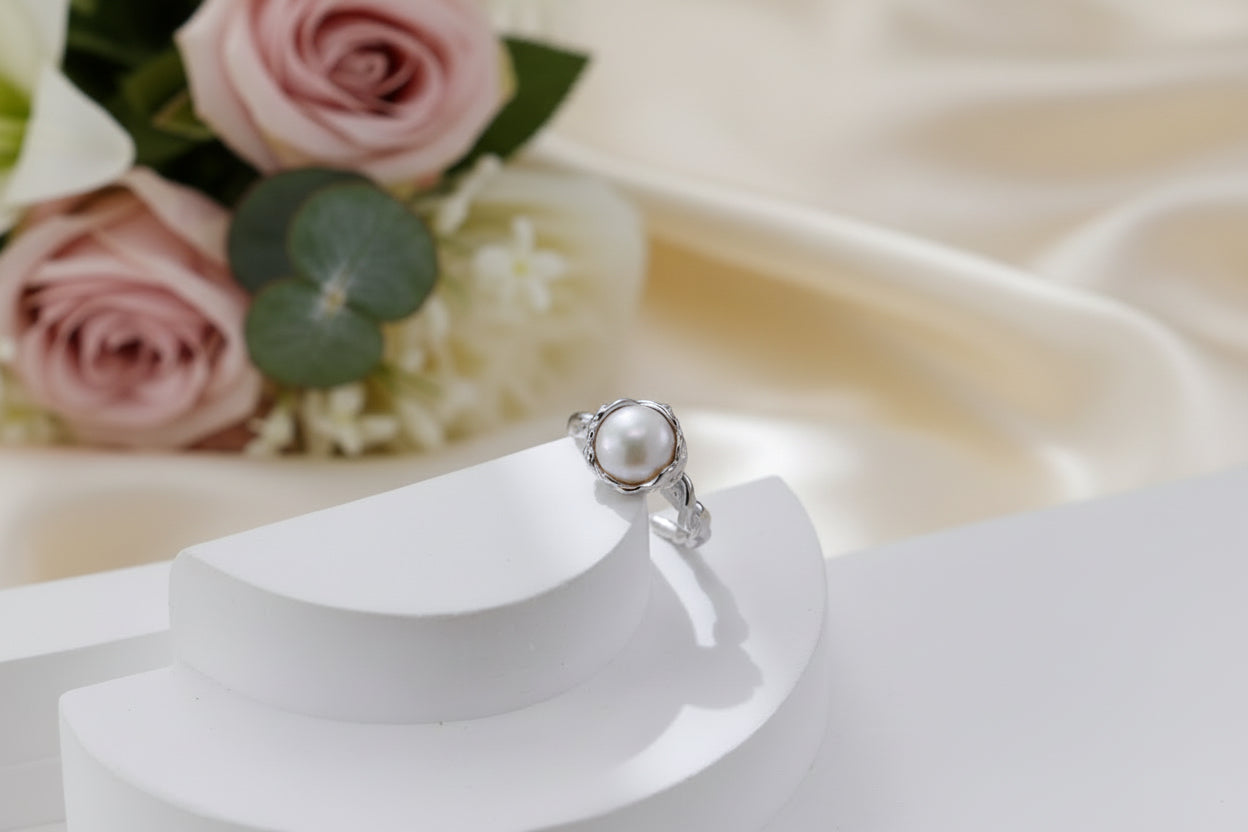 S925 Sterling Silver Natural Pearl Ring – Vintage Gold / Platinum Adjustable Ring
