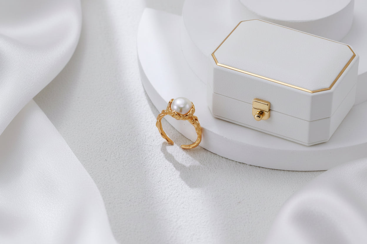 S925 Sterling Silver Natural Pearl Ring – Vintage Gold / Platinum Adjustable Ring